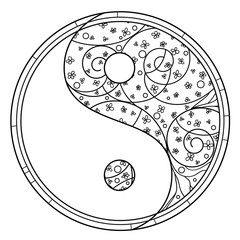 Fototapeta premium Yin and Yang. Zentangle. Hand drawn mandala on isolation background. Design for spiritual relaxation for adults. Line art creation. Black and white illustration for coloring. Zen art