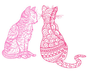 Cats. Design Zentangle. Hand drawn cat with abstract patterns on isolation background. Design for spiritual relaxation for adults. Zen art. Decorative style. Line art creation. Print for polygraphy