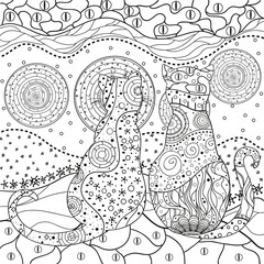 Pattern with cats. Zentangle. Hand drawn cat with abstract patterns on isolation background. Design for spiritual relaxation for adults. Black and white illustration for coloring. Outline for t-shirts