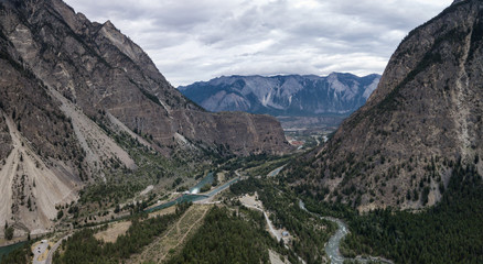 Fototapeta na wymiar Aerial view of the valley between the mountains before Lillooet, British Columbia, Canada.