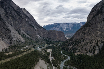 Aerial view of the valley between the mountains before Lillooet, British Columbia, Canada.
