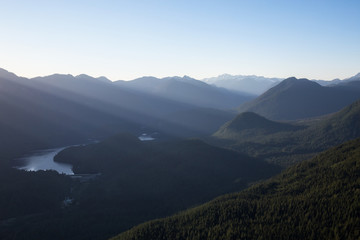 Aerial landscape view of a valley in the mountains near Vancouver, British Columbia, Canada. Taken during a sunny summer day.