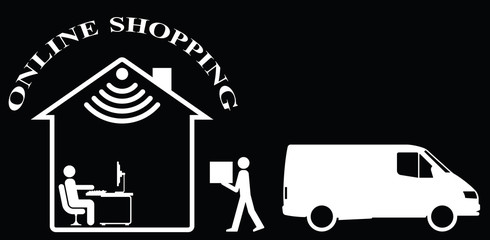 Representation of online shopping and home delivery isolated on black background 