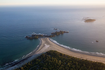 Beautiful aerial view of Chesterman Beach and Frank Island in Tofino, Vancouver Island, British...