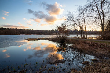 Deer Lake during sunset. Picture taken in Burnaby, Greater Vancouver, BC, Canada, during a winter sunset.