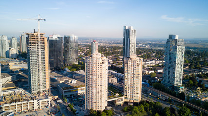 Metrotown City, Burnaby, Vancouver, BC, Canada. Taken from an aerial perspective on a sunny evening.