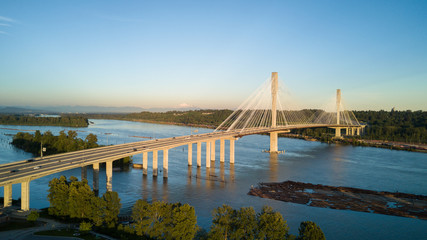 Obraz premium Aerial view of Port Mann Bridge along Trans-Canada Hwy. Taken in Vancouver, BC, Canada.
