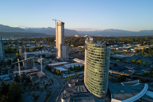 Surrey City Centre, Greater Vancouver, British Columbia, Canada. Taken from an aerial perspective during sunset.