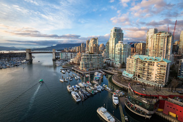 Fototapeta na wymiar Aerial view of the residential buildings in False Creek, Downtown Vancouver, British Columbia, Canada.