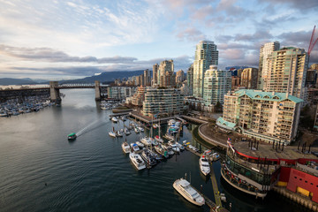 Aerial view of the residential buildings in False Creek, Downtown Vancouver, British Columbia,...