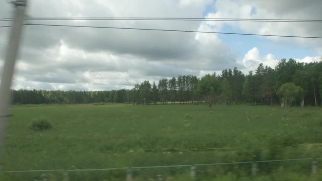 POV: High-speed Train fast moves past a forest and a fields in a cloudy day