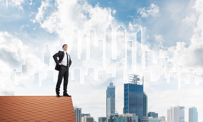 Mister boss on brick roof with arms akimbo. Mixed media