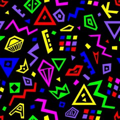 Colorful vector seamless pattern with abstract lines, shapes and geometric figures. 1980s 1990s styled