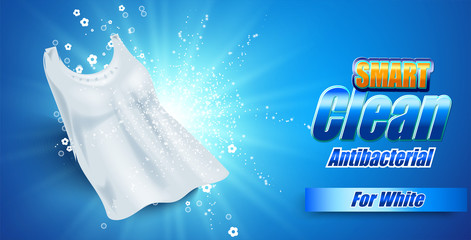 packaging design template for washing powder. Super clean. Soap bubbles, foam. Vector illustration.