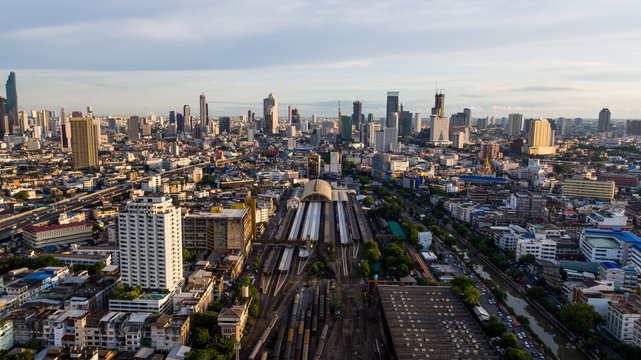 Aerial view. Trains platform of railway station Hua Lamphong,Bangkok,Thailand