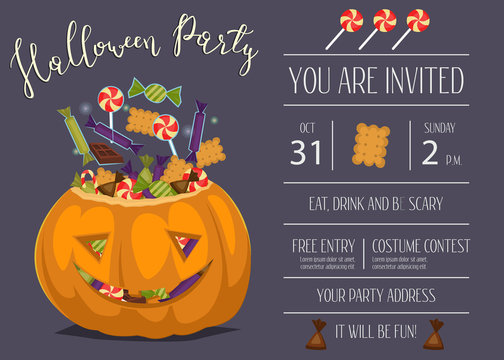 Vintage Halloween party invitation with scary pumpkin head jack full of sweet candies, isolated cartoon vector illustration on blue background. Trick or treat concept. Happy Halloween design template