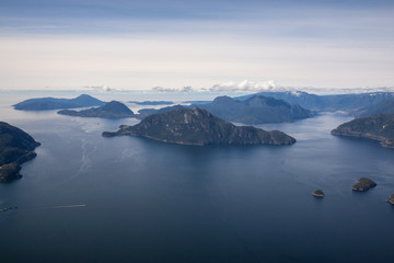 Howe Sound, Mountains, Islands, and Ocean viewed from an aerial perspective. Taken North from Vancouver, British Columbia, Canada.