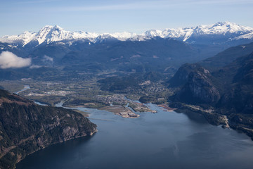 Squamish City, North of Vancouver, BC, Canada. Taken from an aerial perspective from an aerial point of view.
