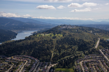 Aerial view of SFU on Burnaby Mountain, Vancouver, BC, Canada.