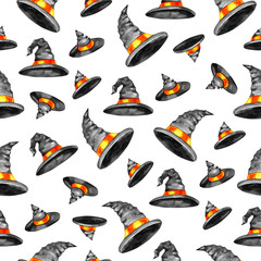 Seamless pattern with magic hat isolated on white background. Happy Halloween watercolor