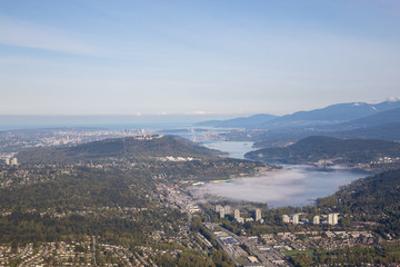 Aerial view of Vancouver City, British Columbia, Canada, during an early morning.