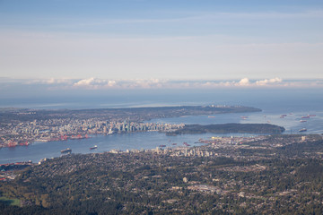 Vancouver City, British Columbia, Canada. Taken during a hazy morning from an aerial perspective.