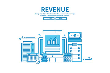 Modern flat blue color line vector editable graphic illustration, business finance concept, revenue