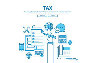 Modern flat blue color line vector editable graphic illustration, business finance concept, tax