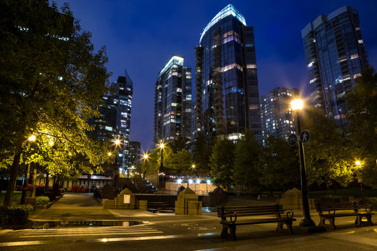 City Night View with Buildings in the Background. Taken in Harbour Green Park, Downtown Vancouver, BC, Canada.