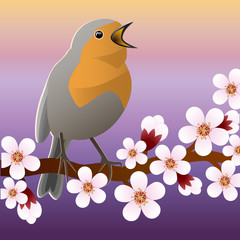 Spring bird sitting on flowering branch. Vector illustrations
