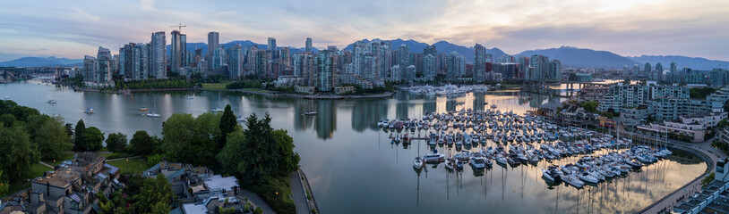 Panoramic City Skyline View of Downtown Vancouver around False Creek area from an Aerial...