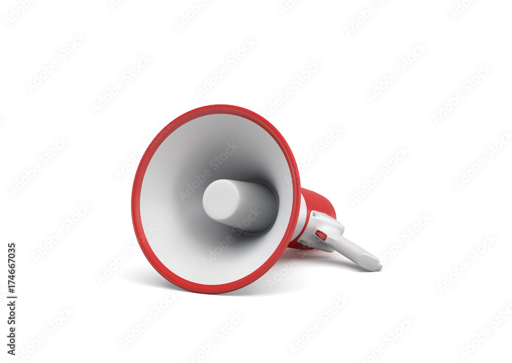 Poster 3d rendering of a single red and white megaphone lying in side view on white surface.