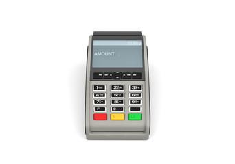 3d rendering of an empty POS-terminal with a screen showing a lettering AMOUNT and no numbers.