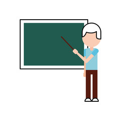 teacher with pointer showing on board on lesson at blackboard in classroom