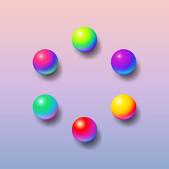 Abstract background frame with shiny memphis acid colored balls over pink and blue hipster backdrop