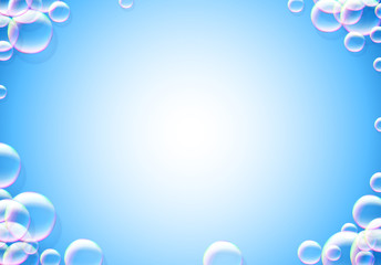 Soap bubbles abstract blue background with rainbow colored airy foam