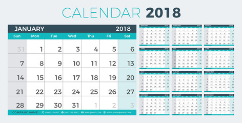 Calendar Planner 2018 year.  Simple minimal wall type calendar template. Week starts from sunday