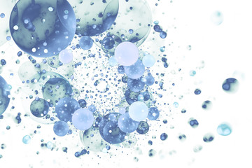 Abstract colorful glowing blue drops and sparkles on white background. Fantasy fractal texture. Digital art. 3D rendering.