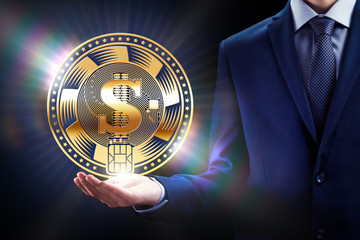 Cryptocurrency coin business mining bit concept design, block chain in hand.