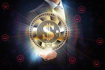 Businessman with block chain bit crypto currency coin business network mining concept design in hand