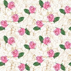 Pink roses oriental seamless pattern