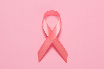 Pink ribbon symbol of breast cancer on a pink background