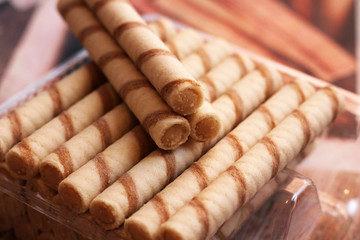Round wafers sticks with chocolate stuffing