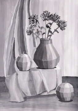 Children's gouache painting "Decorative still life with flowers in a vase and objects"