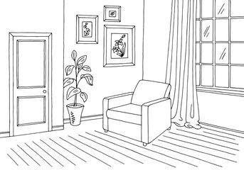 Living room graphic black white interior sketch illustration vector