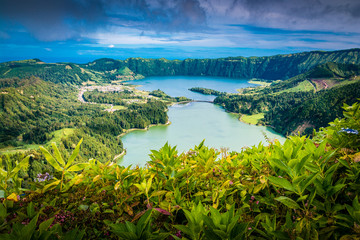 Beautiful view of Seven Cities Lake "Lagoa das Sete Cidades" Vista do Rei viepoint in São Miguel (Sao Miguel Island, Azores, Portugal)