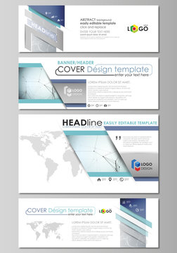 Social media and email headers set, modern banners. Abstract design template, vector layouts in popular sizes. Chemistry pattern, connecting lines and dots, molecule structure, medical DNA research.