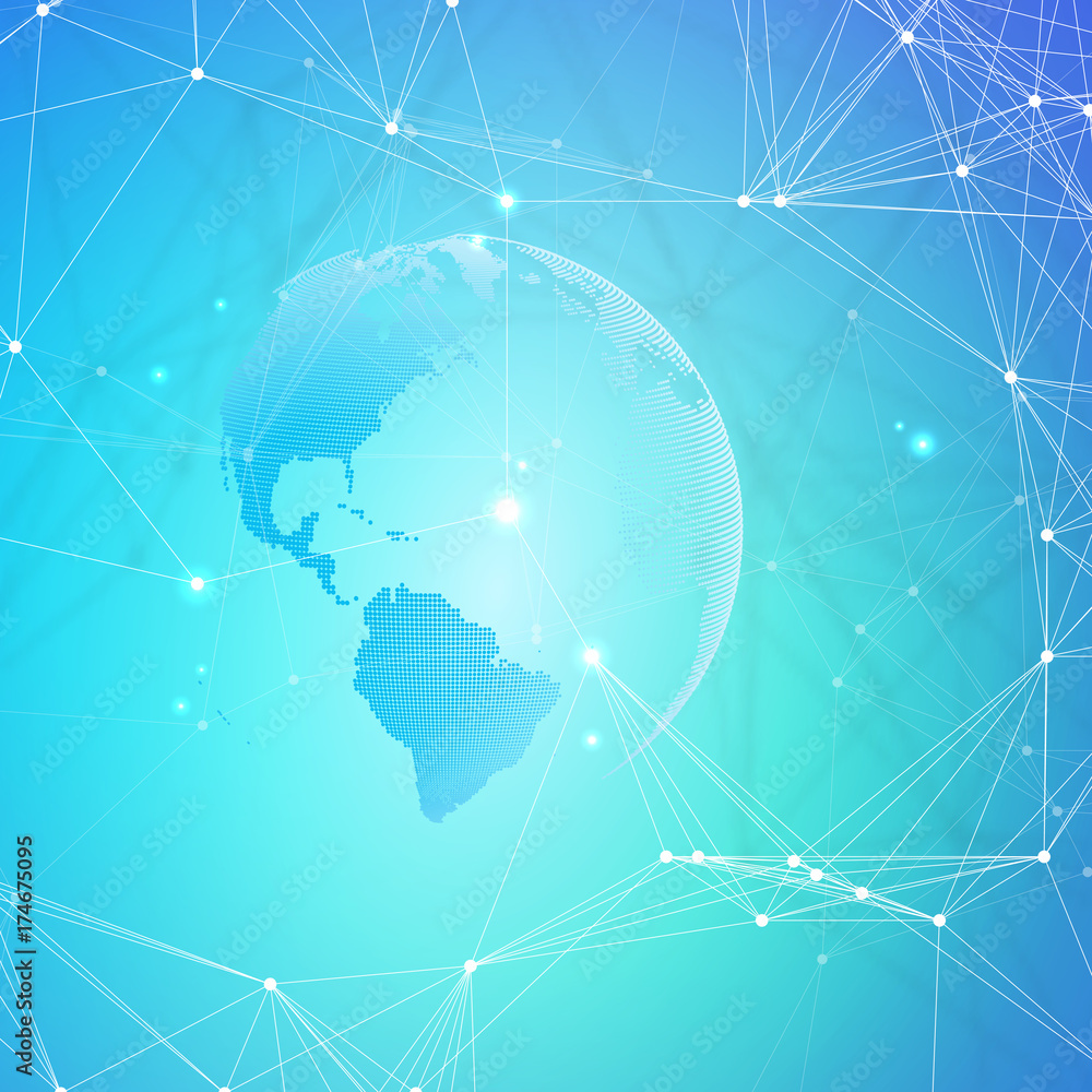 Poster abstract futuristic background with connecting lines and dots, polygonal linear texture. world globe