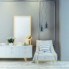 Luxury modern living room  interior ,white  lounge chair with gold lamp and white sideboard on mable floor ,frame mockup /3d render