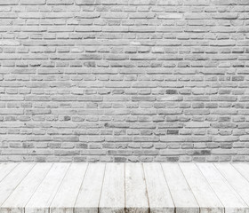 Wood table top and background of old brick wall - can used for display or montage your products.